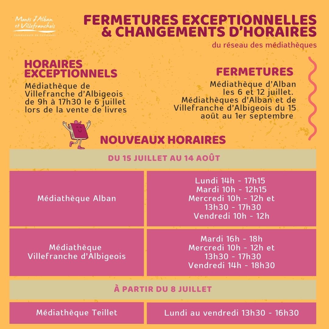 Horaires exceptionnels et fermeture estivale des médiathèques